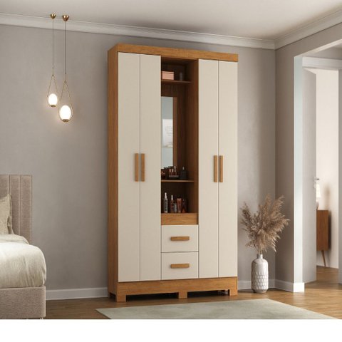 Guarda Roupa Casal com Espelho 4 Portas 2 Gavetas Capelinha Nogueira Madeirado Natura Off White Atua