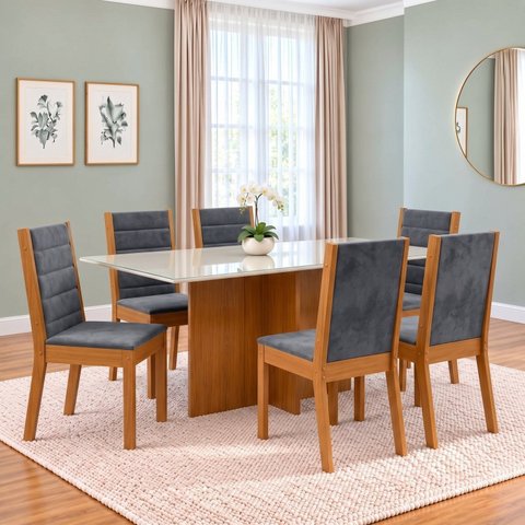 Conjunto Sala de Jantar Mesa Lana 160cm Tampo MDF Vidro Canto Reto 6 Cadeiras Evelin