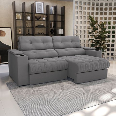 Sofá 260cm com Porta Copos Retrátil e Reclinável Premier Cinza Suede Titânio