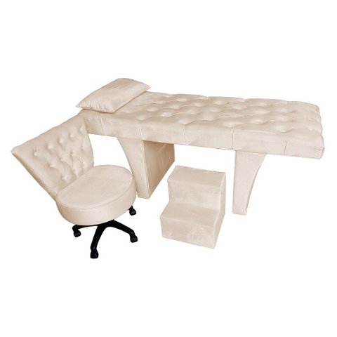 Kit Maca Estética Capitonê com Mocho e Escadinha 80 Cm Bege Slk Decor Reta