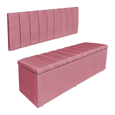 Kit Cabeceira Painel e Calçadeira Baú Casal King 1,95m Londres Veludo Rosa Dal Poz Estofados