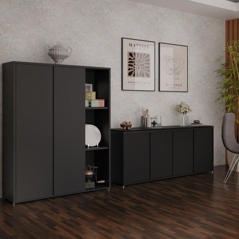 Conjunto Sala de Jantar 2 Peças Armário Alto e Buffet Balcão Hera - Via Nossa - Preto