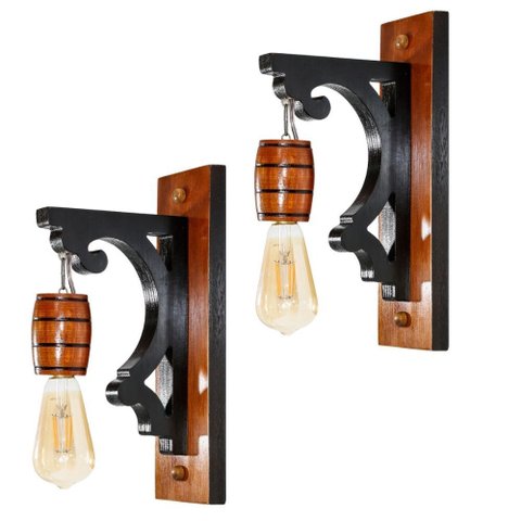 Kit 2 Arandelas Luminárias de Parede Colonial Vintage Retrô em Madeira Cor Mogno