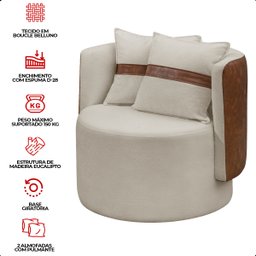 Kit 2 Poltrona Orgânica Base Giratória Maya Corino Nozes e Boucle Bege Redonda Decorativa - Arkell - 7
