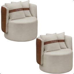 Kit 2 Poltrona Orgânica Base Giratória Maya Corino Nozes e Boucle Bege Redonda Decorativa - Arkell - 1