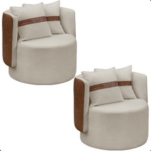 Kit 2 Poltrona Orgânica Base Giratória Maya Corino Nozes e Boucle Bege Redonda Decorativa - Arkell