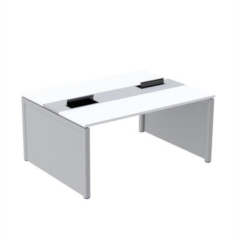 Estação de Trabalho Mesa Plataforma Escritório Dupla para 2 Pessoas com Caixa de Tomada Pé Painel Branco/Cinza