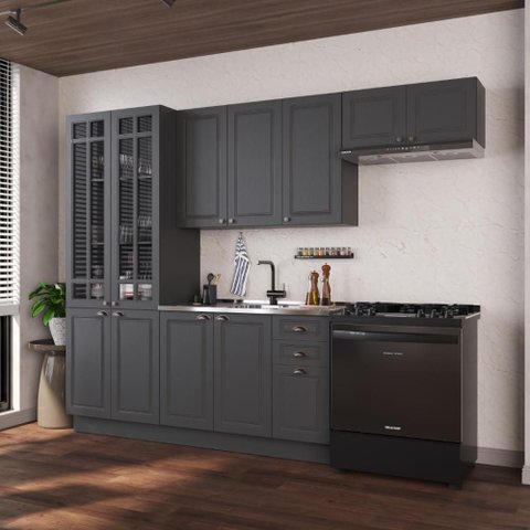 Armário de Cozinha Modulada Compacta Fidelitá Nara 100% MDF 4 Peças 280cm 12 Portas 2 Gavetas sem
