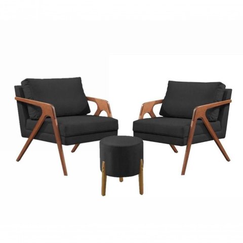Conj. 2 Mona com 1 Puff Madeira Maciça Veludo Moderna Cor:preto