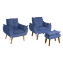 Ver imagem 1 de Kit 02 Poltrona/cadeira Decorativa e Puff Glamour Opala com Pés Quadrado Azul Marinho