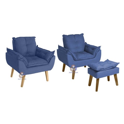 Kit 02 Poltrona/cadeira Decorativa e Puff Glamour Opala com Pés Quadrado Azul Marinho