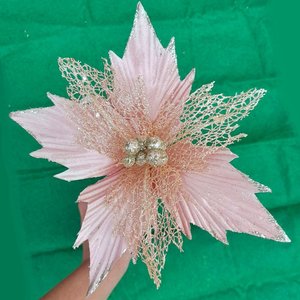 Flores Árvore de Natal Rosa com Gliter Dourado 23cm Kit 12pç