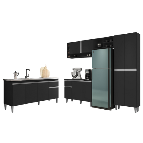 Cozinha Modulada Vanessa com Balcão para Pia 150mt Tatiane sem Tampo Preto Ajl