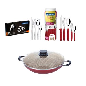 KIT - Panela WOK 36 cm Vermelho + 1 Faqueiro Vermelho 30pç + 1 Faqueiro Inox 24pç - Tramontina