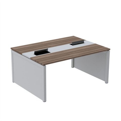 Estação de Trabalho Mesa Plataforma Escritório Dupla para 2 Pessoas com Caixa de Tomada Pé Painel Marrom/Walnut/Cinza