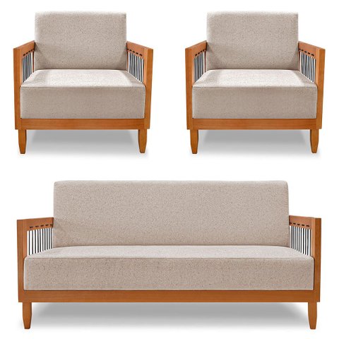 Kit 2 Poltronas e Sofá Living 2 Lugares Marilia 1,60m Linho Areia Base em Madeira Castanho - Pallazi