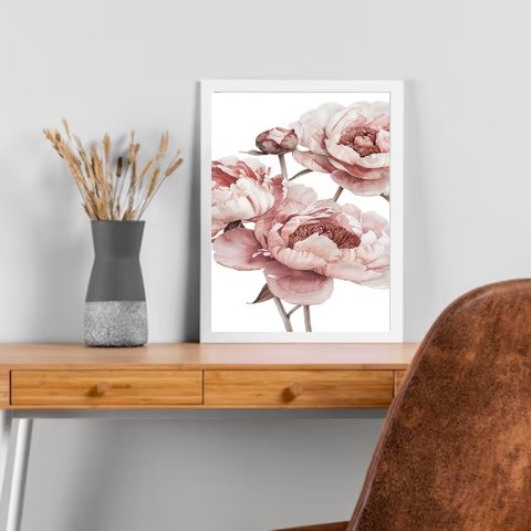 Quadro Moderno Flores Peonias 45x34cm:moldura Branca