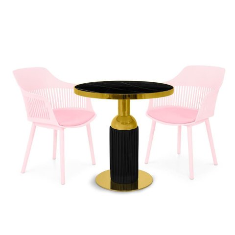 Conjunto Mesa de Jantar Redonda Imperial 70cm Preta com 2 Cadeiras Estofadas Marcela - Rosa