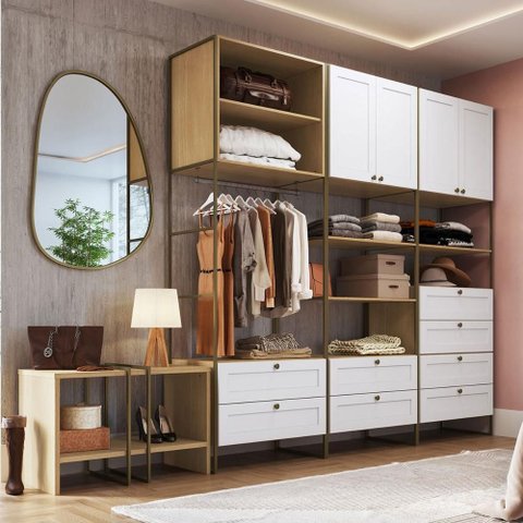 Guarda Roupa Closet 8 Gavetas C/ Mesa Apoio Lateral 100% Mdf Cor:savana com Branco