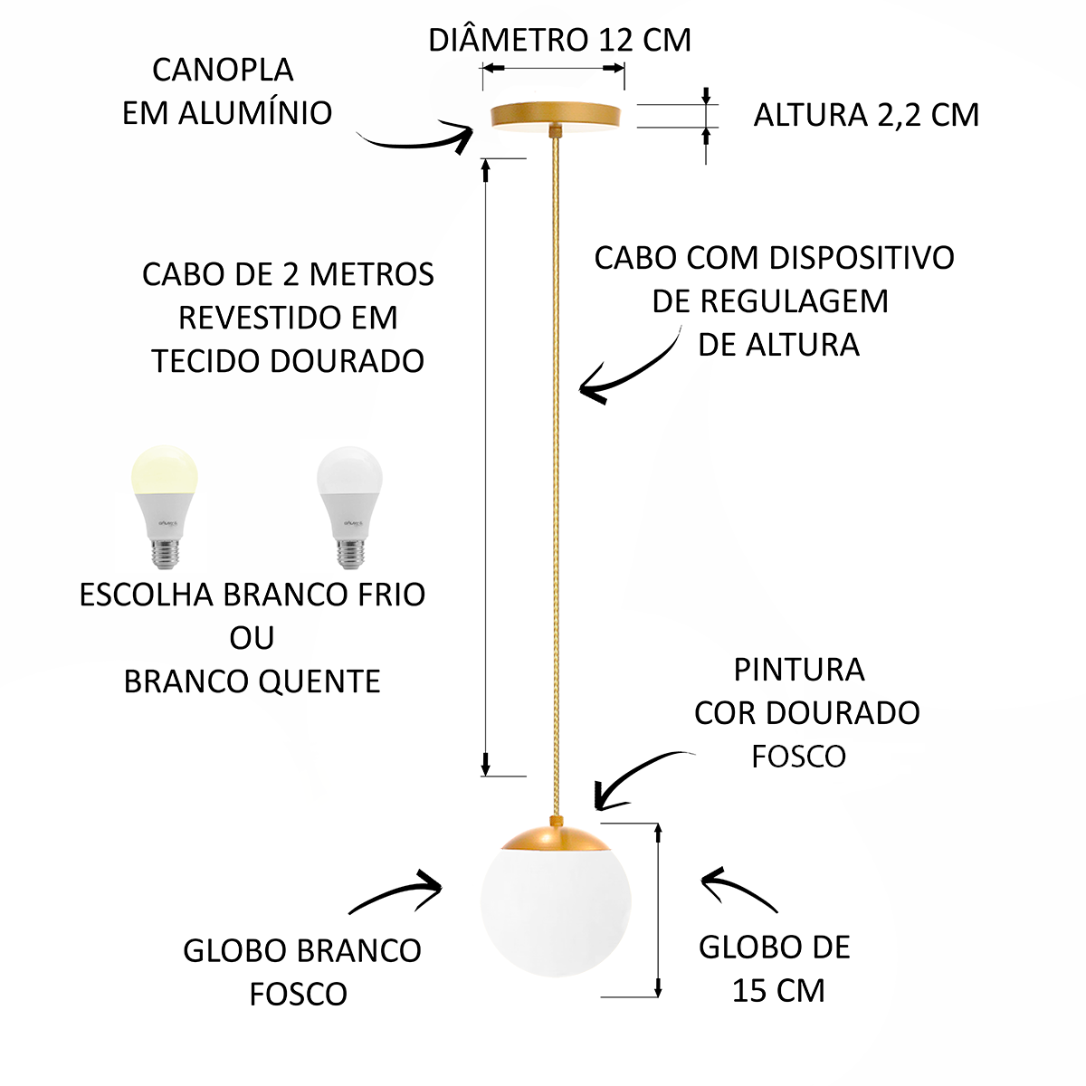 PENDENTE GLOBO JABUTICABA STUTTGART DOURADO FOSCO BQ - 2