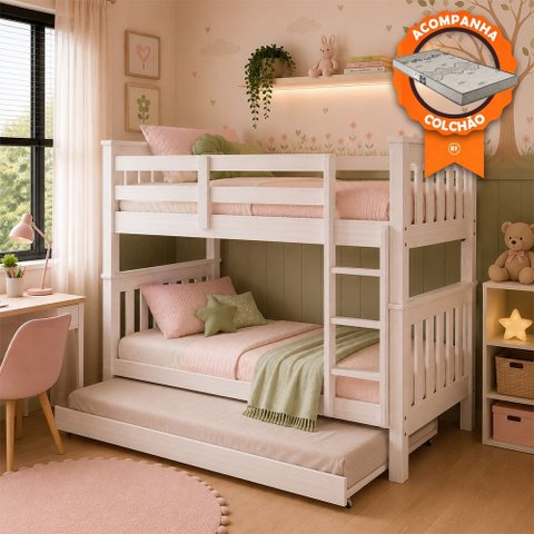Beliche com 3 Colchões D20 e Cama Auxiliar Madeira Maciça Branco Lavado Rústico Piratini Gazin