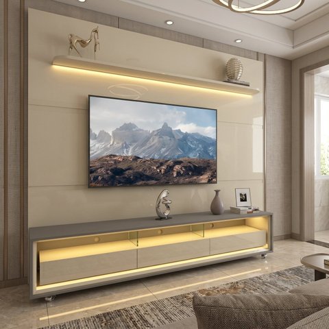 Rack com Painel para TV para 84 Polegadas com LED MDF 240cm x 219cm Casuá Branca Off White Cinza