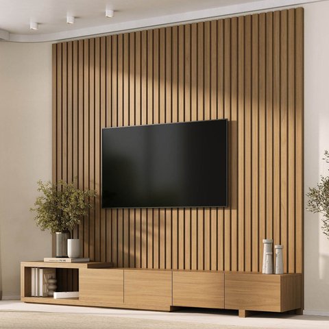Rack com Painel Ripado Extensível para TV até 86 Polegadas 244cmx250cm Liso Aruá CabeCasa MadeiraOriginals Marrom Jatobá