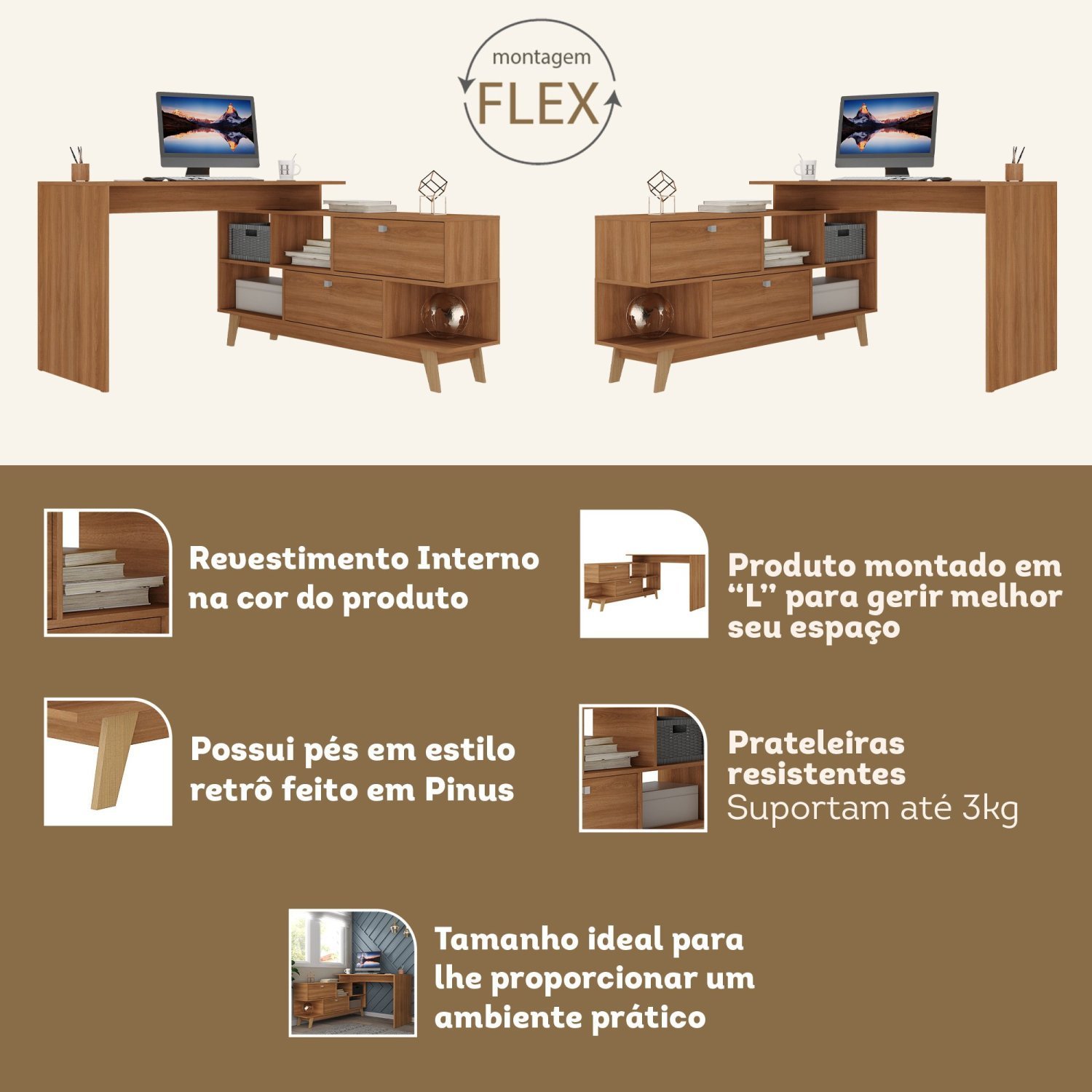 Mesa para Escritório Escrivaninha em L Retrô 136x120cm Espresso Móveis - 4