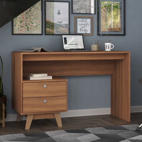 Mesa Escrivaninha Doha 2 Gavetas 120cm Pés em Madeira Maciça Espresso Nogal Marrom