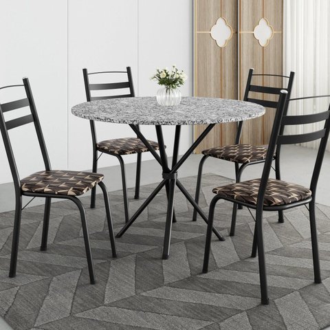 Conjunto Sala de Jantar Mesa Redonda 80cm Tampo Granito com 4 Cadeiras Milla Preto/Mosaico Palha/Ocre