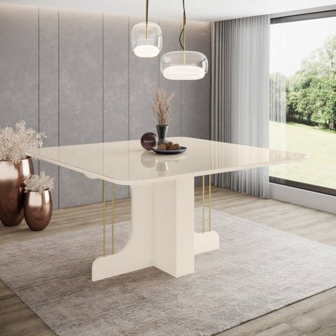 Mesa de Jantar para 8 Lugares 150cm Tampo MDF e Vidro Canto Arredondado Mavi Bege/Off White