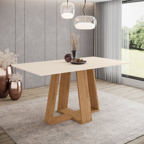 Mesa de Jantar para 6 Lugares 160cm Tampo MDF Canto Reto Lins Bege/Nature/Off White