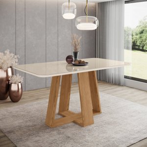 Mesa de Jantar para 6 Lugares 160cm Tampo Mdf e Vidro Canto Arredondado Lins