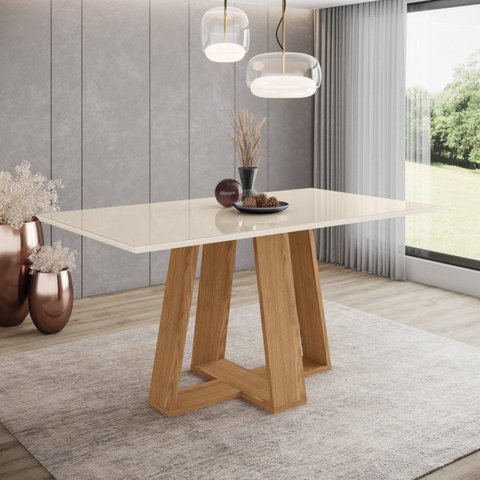 Mesa de Jantar para 6 Lugares 160cm Tampo MDF e Vidro Canto Reto Lins Bege/Nature/Off White