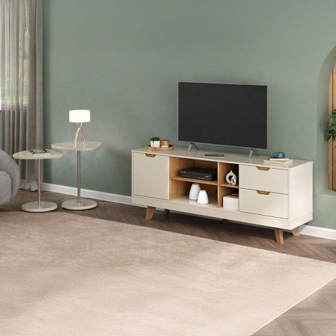 Sala Completa para Tv até 60" Isa 1 Porta 2 Gavetas com 2 Mesas de Apoio Off White/carvalho - Pnr Mó