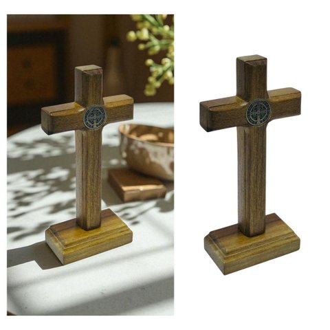 Crucifixo Cruz Medalha de São Bento sem o Cristo Mesa Parede Madeira 12 Cm