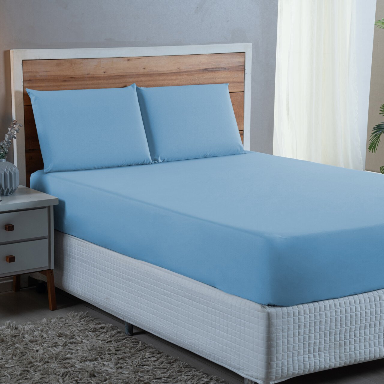 Kit Conjunto Cama Casal Algodão 300 Fios 3 Peças com Elástico e Fronhas:azul Bebe - 3