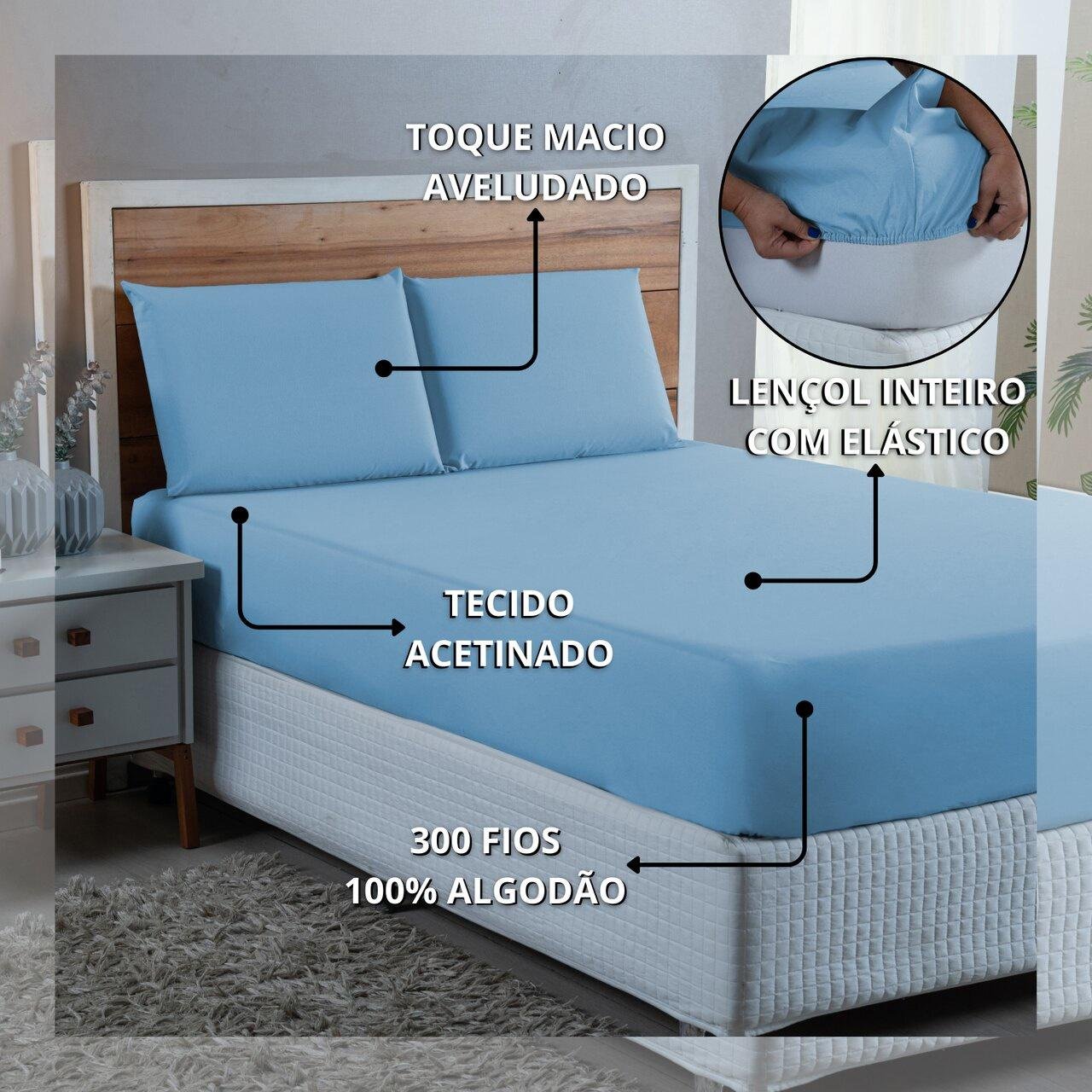 Kit Conjunto Cama Casal Algodão 300 Fios 3 Peças com Elástico e Fronhas:azul Bebe - 5