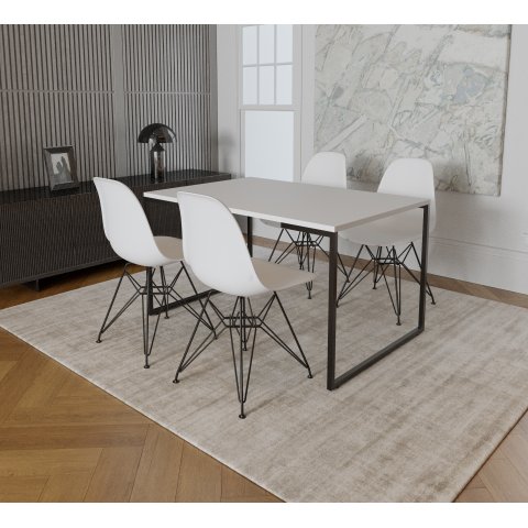 Mesa Industrial Base Ferro Preto Tampo 137x90 Branco 4 Cadeiras Eames Ferro Preto Assento Branco