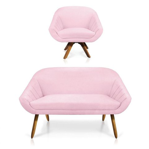 Kit 01 Namoradeira 02 Lugares e 01 Poltrona Giovana Suede Rosa Bebê