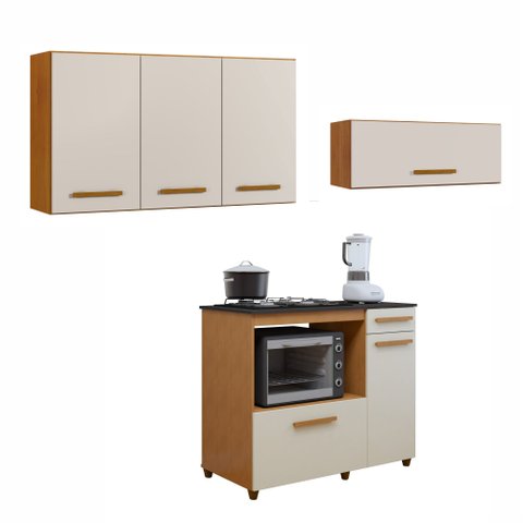 Conjunto Modulado Balcão Coktop 4 Bocas com Nicho para Forno e 2 Armários Aéreo