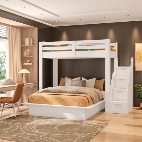 Beliche Family Adulto com Cama Casal Star Plus Casatema MadeiraOriginals Branco