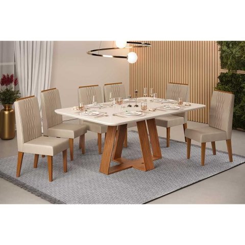 Conjunto: Mesa Sala Jantar Celeste C/ Tampo Madeirado C/ Vidro Curvo 160x90cm e 6 Cadeiras Lia