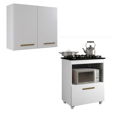 Conjunto Modulado Armário Aéreo de Cozinha 2 Portas e Balcão para Cooktop 5 Bocas 1 Porta 1 Nicho