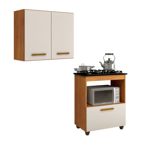 Conjunto Modulado Armário Aéreo 2 Portas e Balcão para Cooktop 5 Bocas 1 Porta Basculante