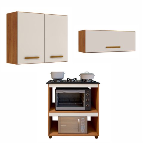 Conjunto Modulado Balcão Cooktop 5 Bocas 2 Nichos e 2 Armários Aéreo