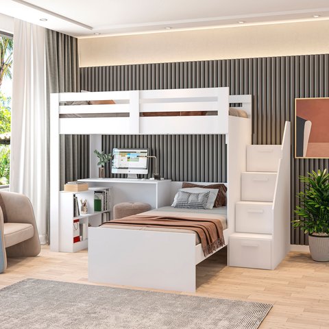Beliche Multifuncional Solteiro Adulto com Escrivaninha Star Office Casatema MadeiraOriginals Branco