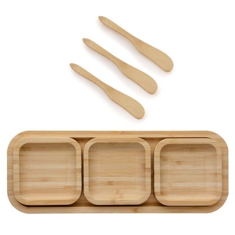 Petisqueira de Bambu com 4 Peças - 31cm com 3 Espatulas Utensilios do Chef