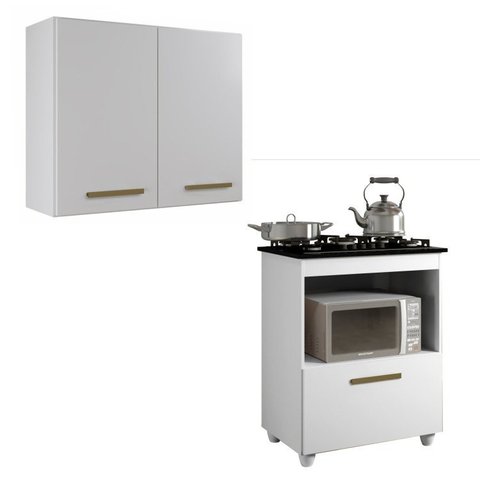 Conjunto Modulado Armário Aéreo 2 Portas e Balcão para Cooktop 4 Bocas 1 Porta Basculante