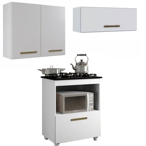Conjunto Modulado Balcão para Cooktop 1 Porta Basculante e 2 Armários Aéreo